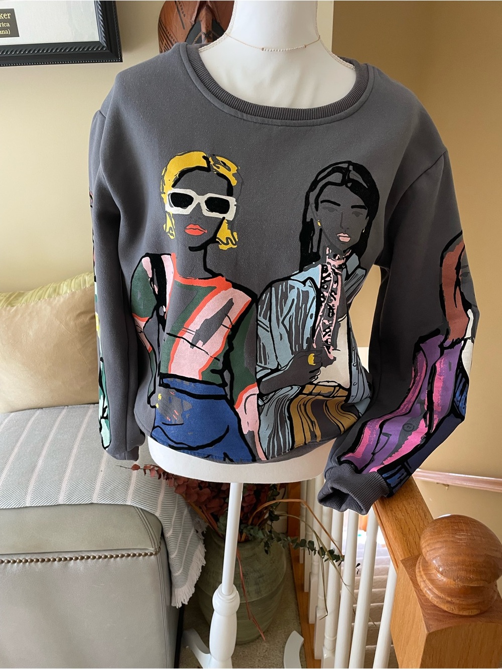 NWOT- Gray Crewneck Sweatshirt with Multicolor Fashion Illustration